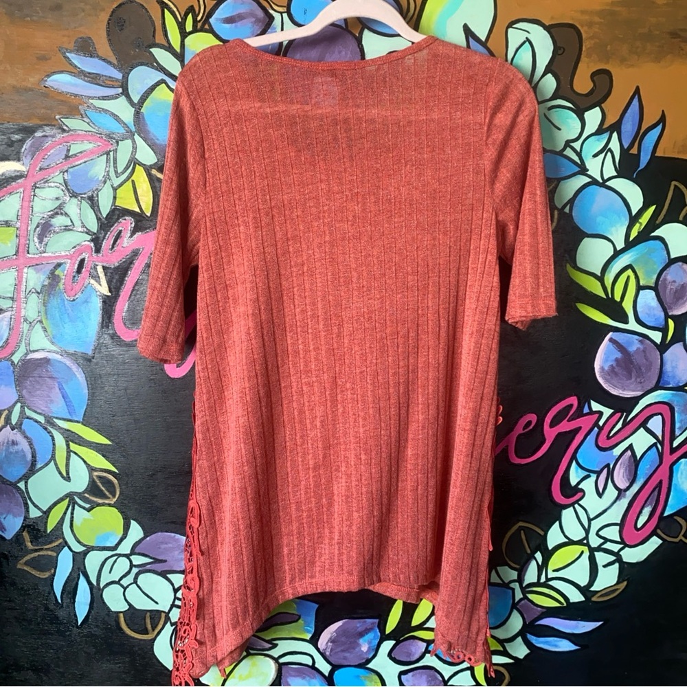 Miss Chievous coral ribbed knit top with lace side details Womens Large - Picture 3 of 3